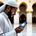 A person in fully clothed, modest, and appropriate attire, standing reflectively in a sacred grand mosque, gently holding a smartphone that displays a digital map or a spiritual text application. Other diverse, fully clothed pilgrims are visible in the soft-focus background, moving peacefully. The scene is bathed in a serene, professional lighting, emphasizing the blend of spiritual journey and modern technology. Perfect anatomy, correct proportions, natural pose, well-formed hands, proper finger count. Professional photography, high quality, realistic, safe for work, appropriate content, family-friendly.