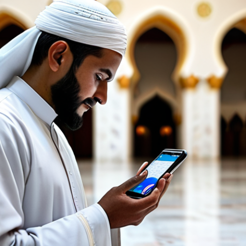 Home 15 A person in fully clothed, modest, and appropriate attire, standing reflectively in a sacred grand mosque, gently holding a smartphone that displays a digital map or a spiritual text application. Other diverse, fully clothed pilgrims are visible in the soft-focus background, moving peacefully. The scene is bathed in a serene, professional lighting, emphasizing the blend of spiritual journey and modern technology. Perfect anatomy, correct proportions, natural pose, well-formed hands, proper finger count. Professional photography, high quality, realistic, safe for work, appropriate content, family-friendly.