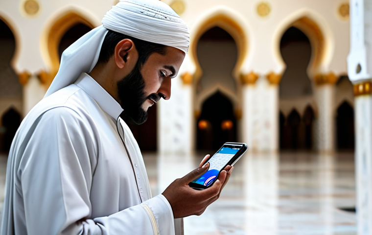 A person in fully clothed, modest, and appropriate attire, standing reflectively in a sacred grand mosque, gently holding a smartphone that displays a digital map or a spiritual text application. Other diverse, fully clothed pilgrims are visible in the soft-focus background, moving peacefully. The scene is bathed in a serene, professional lighting, emphasizing the blend of spiritual journey and modern technology. Perfect anatomy, correct proportions, natural pose, well-formed hands, proper finger count. Professional photography, high quality, realistic, safe for work, appropriate content, family-friendly.