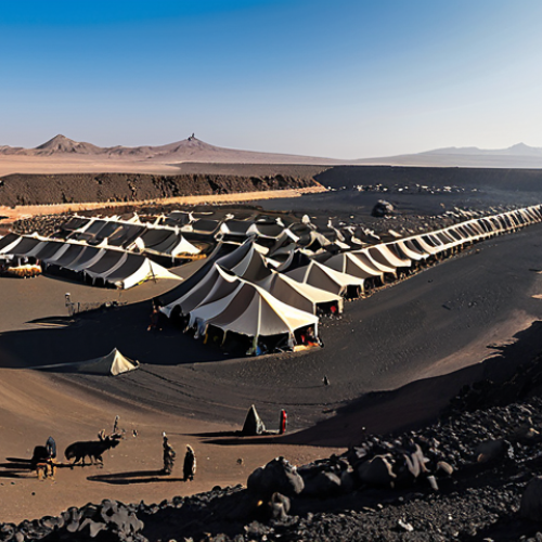 Home 14 **
"A panoramic view of the Harrat al-Harrah volcanic landscape in Saudi Arabia, with black lava formations stretching across the scene. In the distance, modest tents of Bedouin people are visible. Arabian wolves are calmly resting near the tents. The sky is clear with a bright sun. Fully clothed Bedouin people are walking near the tents, appropriate attire, safe for work, perfect anatomy, natural proportions, professional photography, high quality, family-friendly."
**