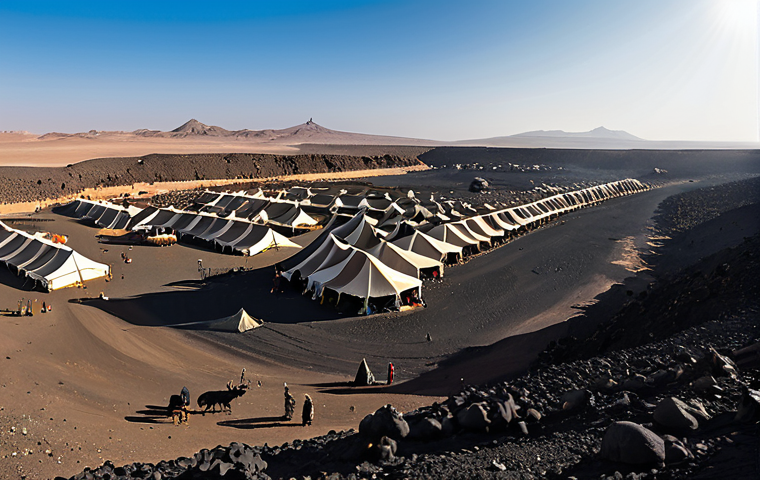**

"A panoramic view of the Harrat al-Harrah volcanic landscape in Saudi Arabia, with black lava formations stretching across the scene. In the distance, modest tents of Bedouin people are visible. Arabian wolves are calmly resting near the tents. The sky is clear with a bright sun. Fully clothed Bedouin people are walking near the tents, appropriate attire, safe for work, perfect anatomy, natural proportions, professional photography, high quality, family-friendly."

**