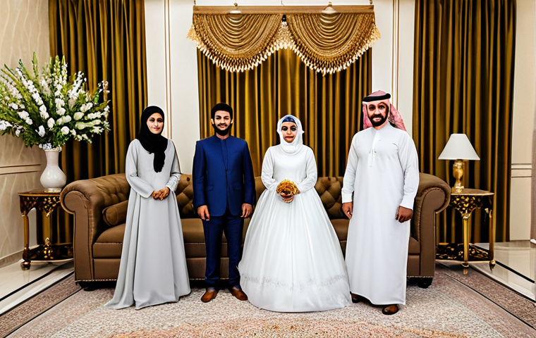 사우디아라비아 결혼문화와 관습 - **Traditional Engagement Ceremony:** "A Saudi Arabian family celebrating an engagement in a beautifu...